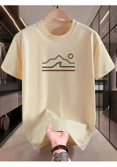 Unisex Güneşli Dağ Tasarım Basklı Tshirt Bej