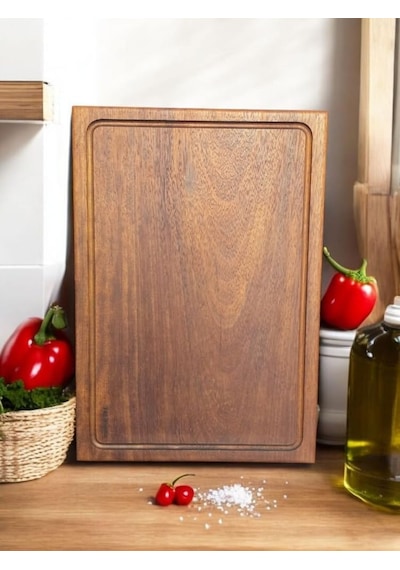 40 X 27,5 Cm Yekpare Masif Tek Parça Doğal Ahşap Oluklu Kesme Sunum Et Ekmek Sebze Doğrama Taht Kahverengi