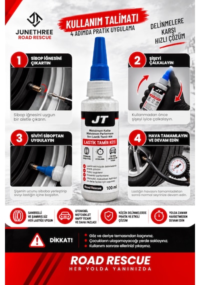 Road Rescue Sıvı Lastik Tamir Kiti 100 Ml - Lastik Tamir Sütü - Sıvı Lastik Yaması - Şambrelli Şambrelsiz Oto Motor İçin