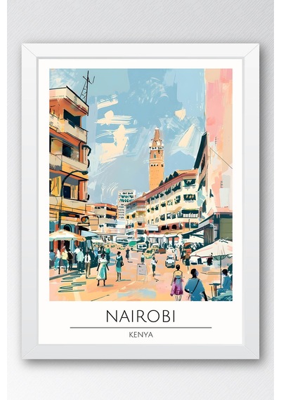 Kenya Nairobi Temalı Çerçeveli Tablo Travel Serisi Modern İllüstrasyon Şehir Duvar Dekoru Beyaz