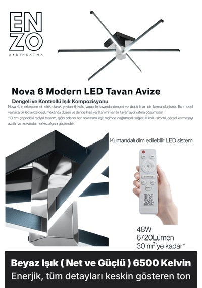 Nova 6 Silver Led Tavan Avize Kumandalı Dim Edilir Aşağı Işık Beyaz Işık
