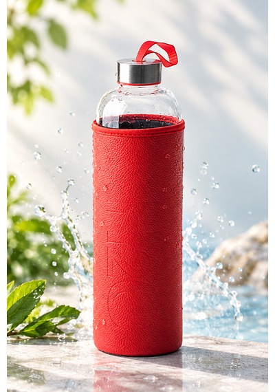 H2o Sağlıklı Cam Matara 1000 Ml Su Şişesi, Deri Kılıflı 1 Lt Sporcu Suluğu Kırmızı