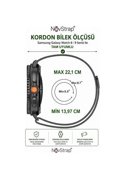 Novstrap Samsung Galaxy Watch 9 40mm 44mm İle Uyumlu Kordon Mıknatıslı Metal Çelik Hasır Kayış