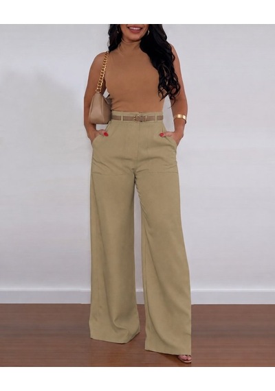 Alyn Wear Kadın Yüksek Bel Geniş Paça Detaylı Cepli Ithal Krep Pantolon Bej