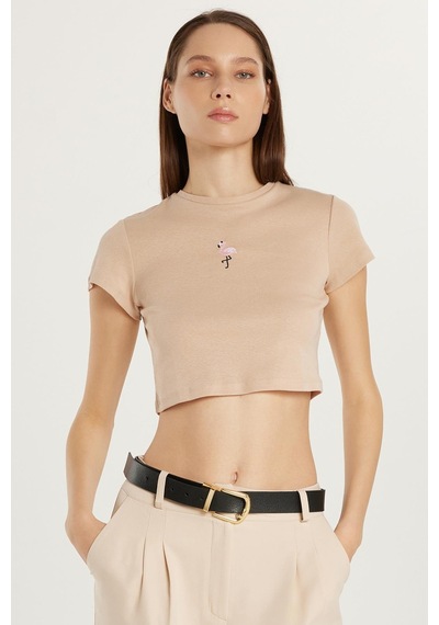 Tudors Kadın Slim Fit Dar Kesim %100 Pamuk Bisiklet Yaka Baskılı Bej Crop Tişört-33989 Bej
