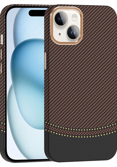 Apple Uyumlu iPhone 14 Kılıf M-safe Şarj Özellikli Karbon Fiber Görünümlü Gros Kapak Gold-Siyah
