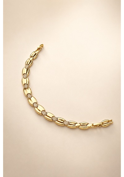 Balenbi Jewelry Kadın Taşlı Oval Bakla Detaylı Kararmaz Çelik Bileklik 14k Gold 1148 Altın