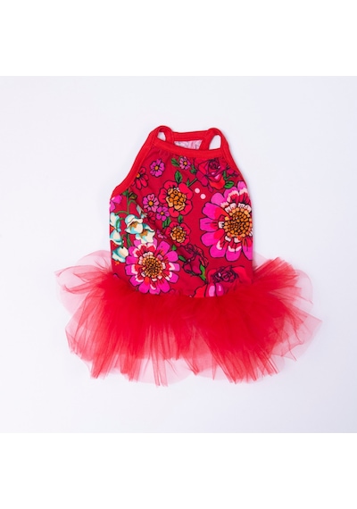 Red Wildflowers Kırmızı Çiçek Desenli Kedi Köpek Elbisesi - Kedi Köpek Kıyafeti