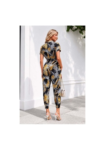 DefyModa Kadın Şık Tasarım Tül Kumaş Kısa Kollu Tulum Sarı