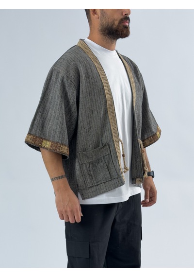Hasır Detaylı Tasarım Siyah Beyaz Erkek Kimono Coc3447