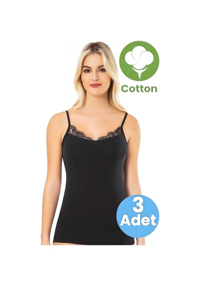 Tezzgelsin Kadın 3'lü İp Askılı Yakası Dantel Modelli Atlet Siyah