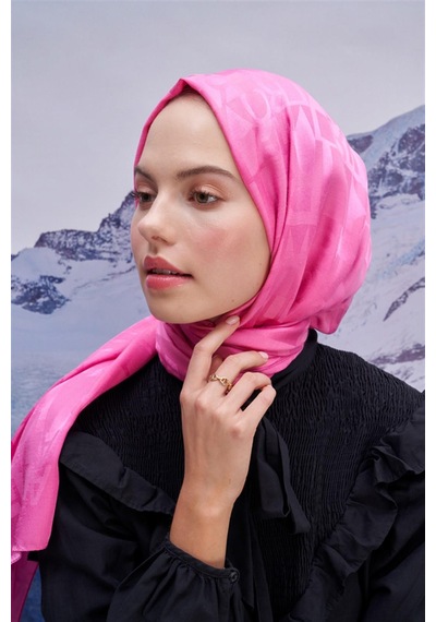 Carell Yazı Desen Jakar İtalyan İpekli Şal Koyu Pembe Çok Renkli