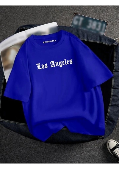 Oversıze Los Angeles Baskılı Unısex Tisort Baskılı Lacivert