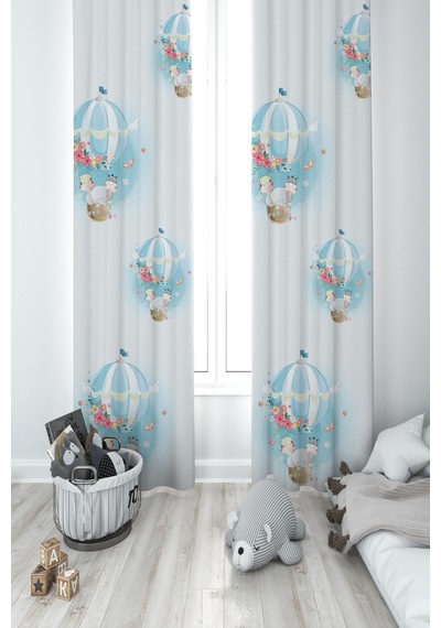 Mekta Home Bebek Ve Çocuk Odası Fil Ve Çiçekli Uçan Balon Desenli 2 Kanat Fon Perde