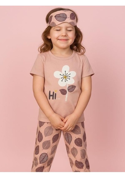 Kız Çocuk Pamuklu Kısa Kol Çiçek Desenli Pijama Takım Uyku Bandı Dahil -16034 Pembe