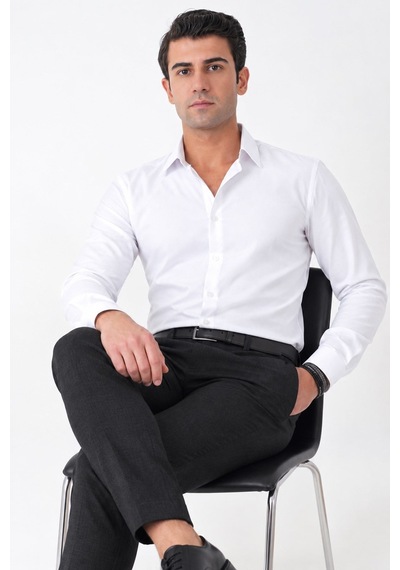 Beyaz %100 Pamuklu Nefes Alabilir Kolay Ütülenebilir Uzun Kollu Slim Fit Gömlek Gk 766
