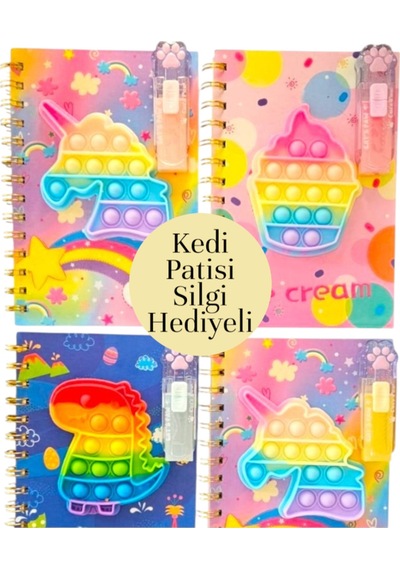 Popit Sert Kapak Defter Kedi Patisi Desenli Silgi Hediyeli Yeşil