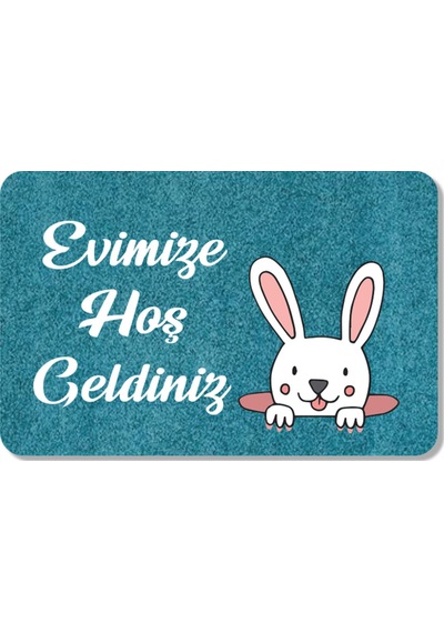 Dijital Baskılı Kapı Önü Paspas Hoşgeldiniz Yazılı Çiçek Desen Ve Tavşan Iç Ve Dış Kapı Yıkanabilir Gümüş