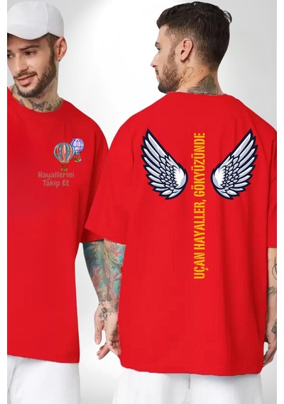Uçan Hayaller Gökyüzünde Melek Kanatları Kırmızı Oversize Unisex Ön Ve Sırt Baskılı Tişört Kırmızı Uçan Hayaller Gökyüzünde Melek Kanatları Kırmızı Oversize Unisex Ön Ve Sırt Baskılı Tişört Kırmızı