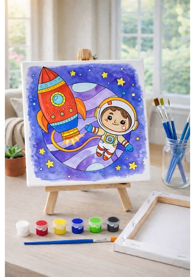 Çocuk Tuval Boyama Seti Minik Astronot Şövale Dahil