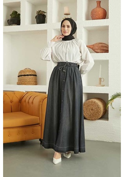 2215-denim Mevlana Düğmeli Etek Koyu Gri-1 Koyu Gri-1 Gri