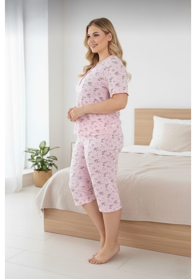 Eyfuze Kadın Büyük Beden Kısa Kollu Kapri Bambu Pijama Takımı Açık Pembe