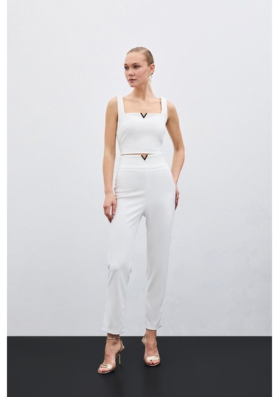 Sateen Bel Aksesuarlı Pantolon - Ekru-135480 Ekru