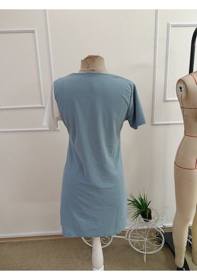 Hazego Kadın Kısa Kollu V Yakalı Çift Renklç Kısa Lazer Kesim Çiçek Detaylı Ithal Krep Elbise Mavi