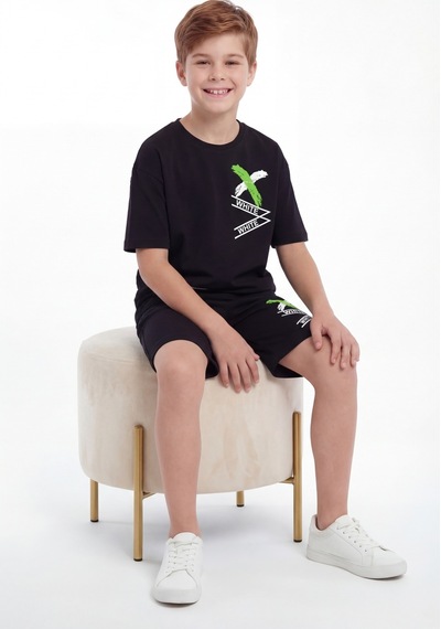 Panios Kids X White Baskı Detaylı Yuvarlak Yaka Yazlık Erkek Çocuk Alt Üst Takım Siyah
