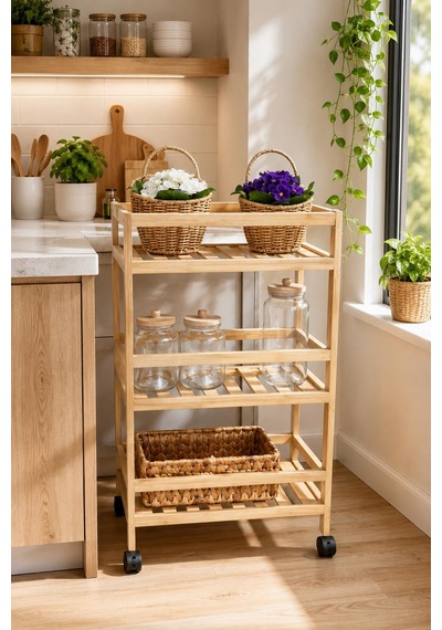 3 Katlı Bambu Mutfak Rafı Tekerlekli Çok Amaçlı Organizer Modern Depolama Standı