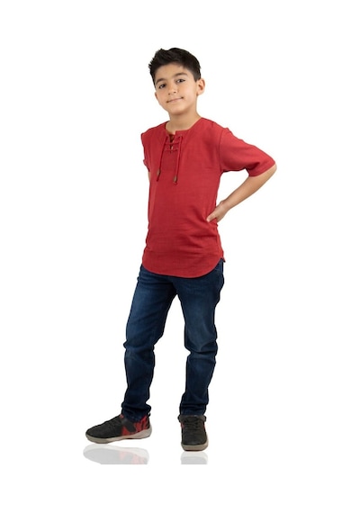 Eliş Şile Bezi Kısa Kol Şile Bezi Zımbalı Erkek Çocuk Tshirt Kırmızı 3051