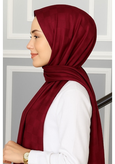 Mim Eşarp Emproyal Silver Jakar Dama Desenli Şal 75x190 Cm Bordo