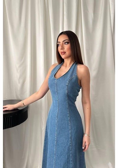 Duygudan Mavi Halter Yaka Jean Elbise - Mavi Çok Renkli