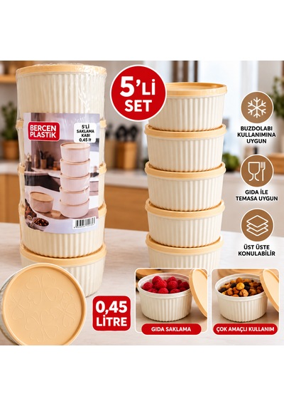 5 Li 450 Ml Saklama Kabı Seti Buzdolabı Uyumlu Çok Amaçlı Gıda Saklama Kabı Bej