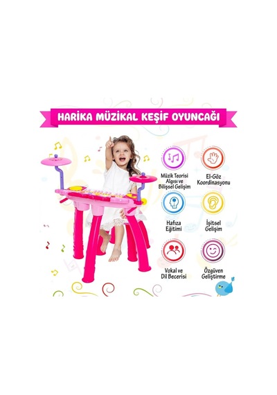 Mikrofonlu Işıklı Sesli Çocuk Oyuncak Piyano Davul Seti - Tabureli 24 Tuşlu Eğitici Müzik Aleti