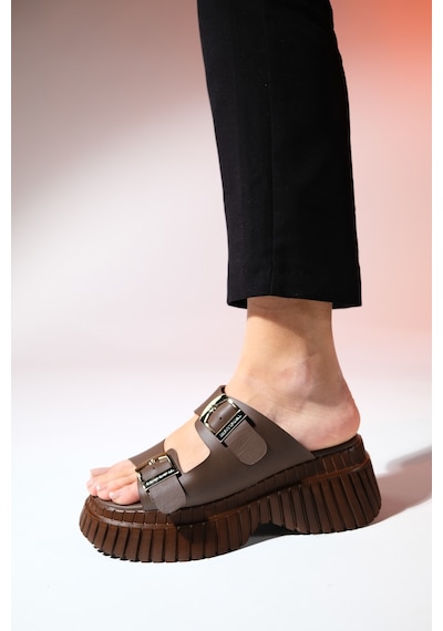 Luvishoes Joanes Kahve Cilt Hakiki Deri Çift Bantlı Kadın Dolgu Taban Terlik Kahverengi