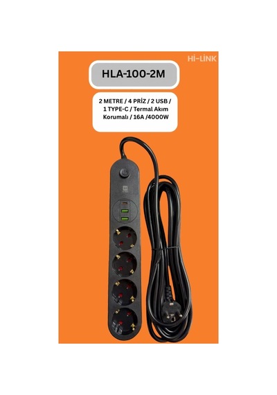 Hi-link Hla-100-2 2 Metre 4 Priz 2 Usb 1 Type-c Termal Akım Korumalı 16a 4000w 0 - 2 M