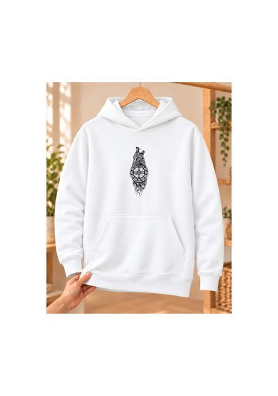 Mor Mürekkep Uluyan Bozkurt Ve Dairesel Tamga Baskılı Kapüşonlu Sweatshirt - Beyaz