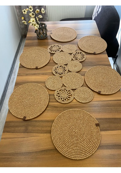 Senza Atelier Jüt Halat Supla, Motifli Runner Ve Sepet Seti 8 Parça Hasır Rengi