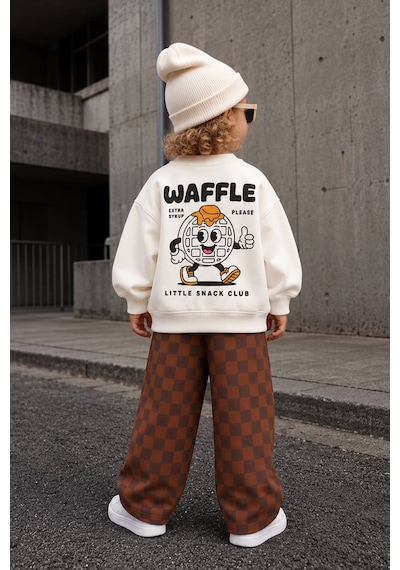 Monila Erkek Çocuk 3 İplik Pamuklu Ekru Waffle Baskılı Sweatshirt Ve Kahverengi Kareli Alt Üst Takım