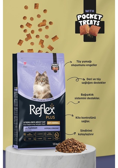 Plus Pocket Treats İlaveli Kısırlaştırılmış Anti-hairball Somonlu Kedi Maması 1,5 Kg