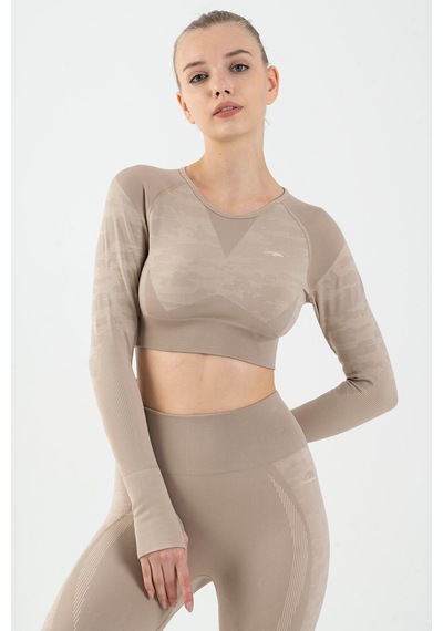 Maraton Active Slimfit Kadın Bisiklet Yaka Uzun Kol Fitness Açık Vizon Crop Top 816013 Açık Vizon