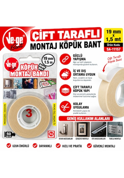 Ve-ge Köpük Montaj Bandı 19 Mm 1.5 Mm İç Ve Dış Ortam İçin 1 Adet
