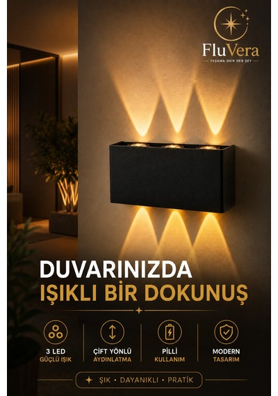 Pilli Amber 12w 3 Led Çift Taraflı Siyah Duvar Aplik Dekoratif Led Aydınlatma İç Dış Mekan Siyah