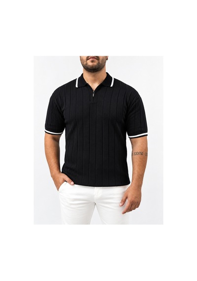 Kıyafet Bayi Erkek Polo Yaka Fitilli Triko Kısa Kollu Tişört Siyah 2xl