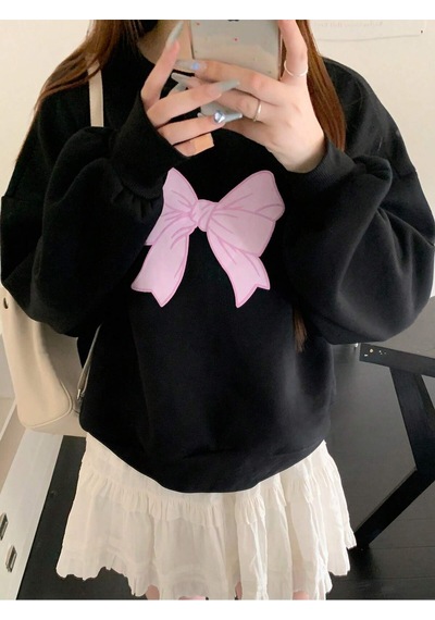 Startmore Block Bow Print Crew Neck Long Sleeve Black Sweatshirt,fall Clothes Çok Renkli