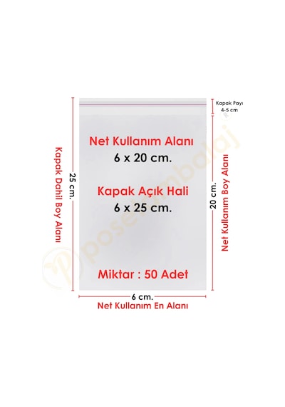6x20+5 Cm. 6x25 50 Adet Şeffaf Bantlı Yapışkanlı Opp Poşet