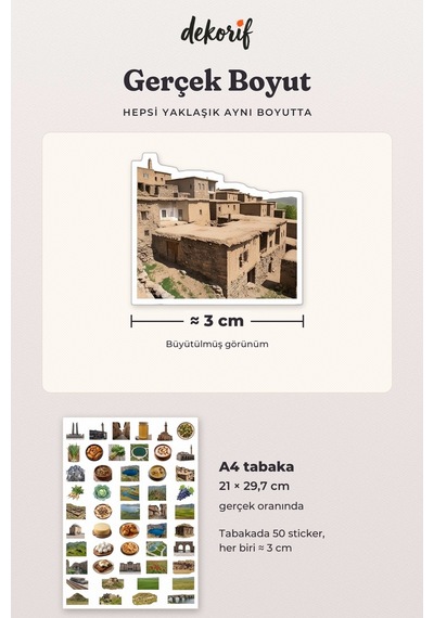 Muş Sticker Seti 100 Adet - Murat Köprüsü Laleler Yöresel Yemekler Gerçekçi Ajanda Journal Çıkartma Çok Renkli