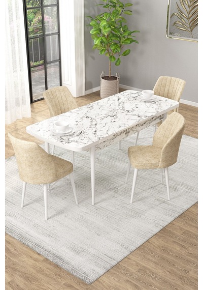 Arel Beyaz Mermer 80x132 Açılabilir Mdf Masa Yemek Odası Takımı, Mutfak Takımı 4 Adet Sandalye Beyaz Mermer - 4 Krem - Beyaz Ayak Arel Beyaz Mermer 80x132 Açılabilir Mdf Masa Yemek Odası Takımı, Mutfak Takımı 4 Adet Sandalye Beyaz Mermer - 4 Krem - Beyaz Ayak