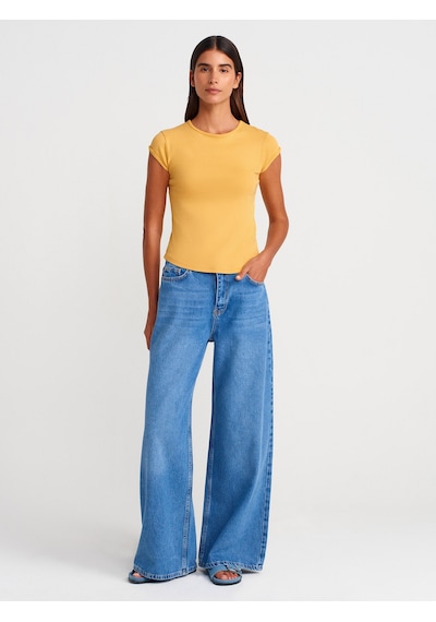 Dilvin 71980 Dökümlü Geniş Denim Pantolon-mavi Mavi